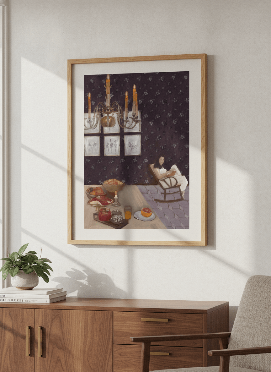 Artwork displayed above a credenza in a real-looking contemporary home