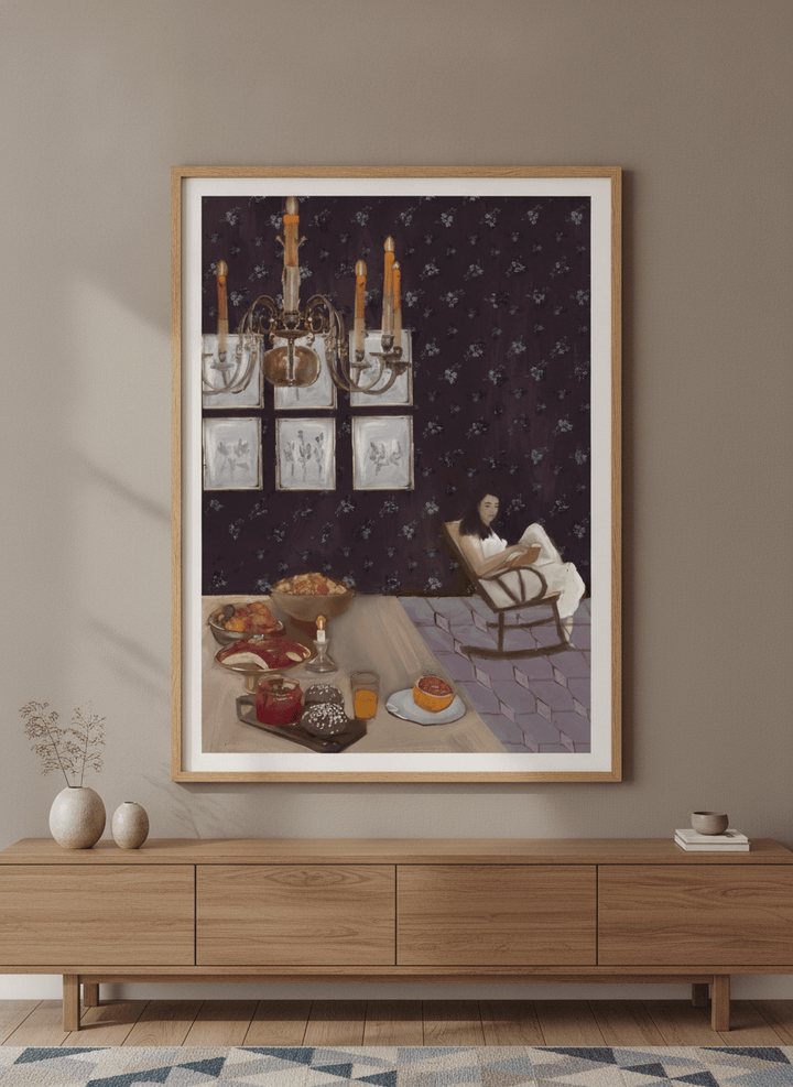 Wall art styled above a dining table in a contemporary home