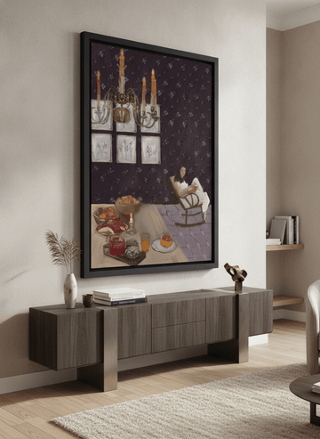 Monumental artwork centred on a feature wall in a luxe interior
