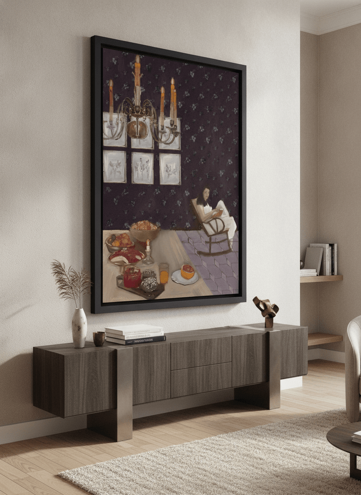 Monumental artwork centred on a feature wall in a luxe interior