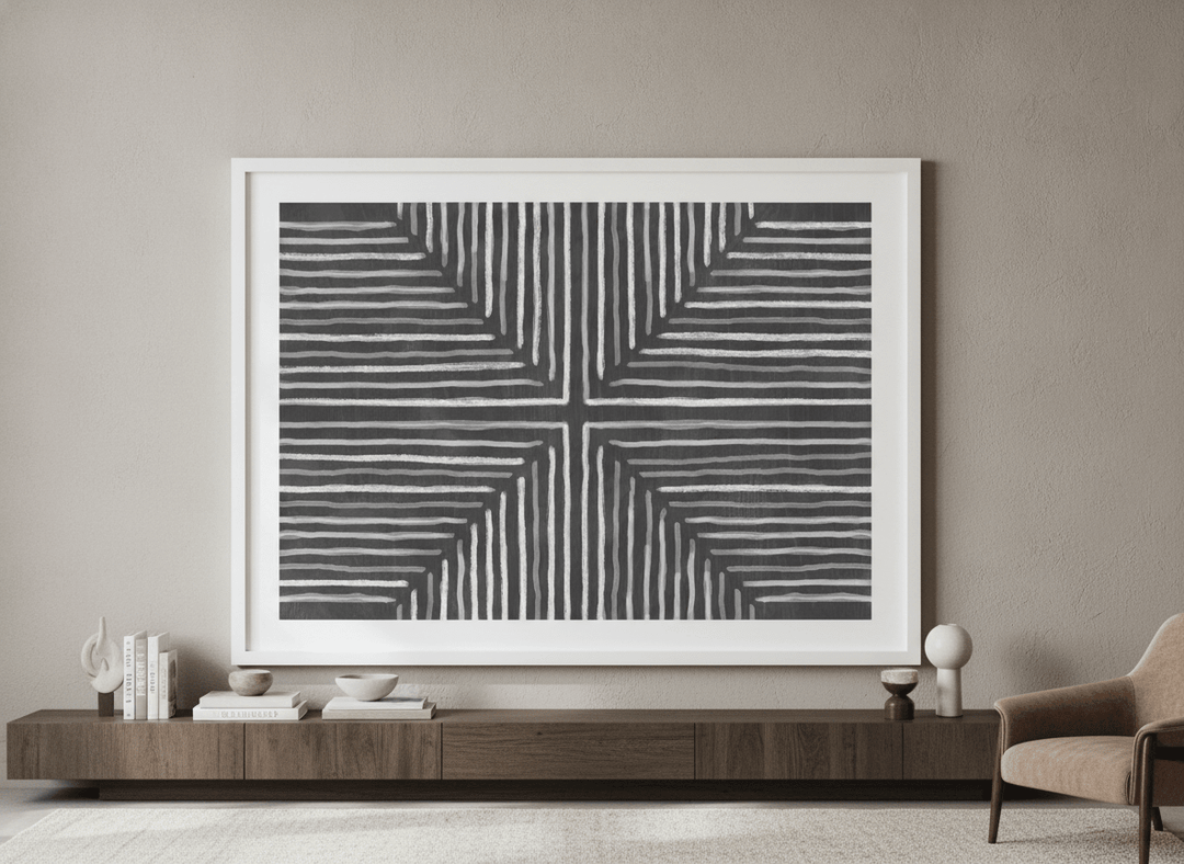 Monumental artwork centred on a feature wall in a luxe interior