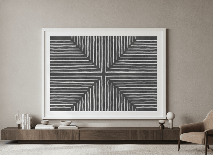 Monumental artwork centred on a feature wall in a luxe interior