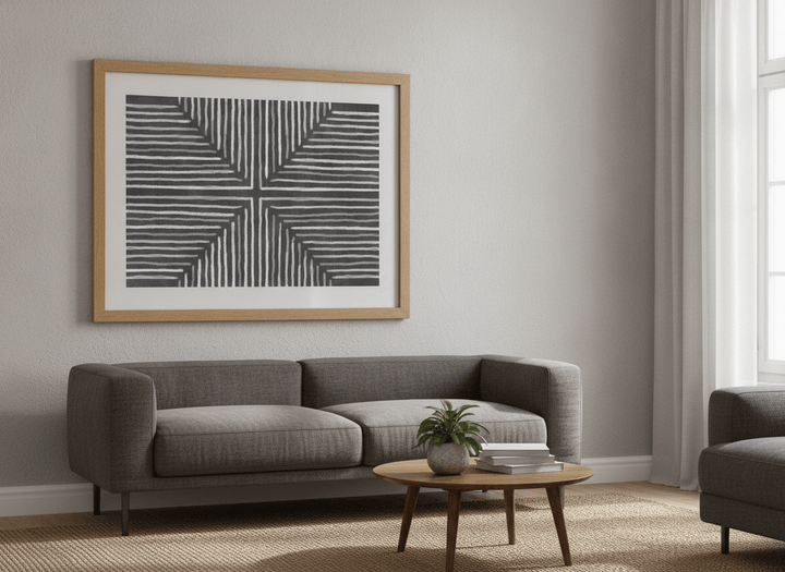 Modern wall art styled above a sofa in a neutral living room