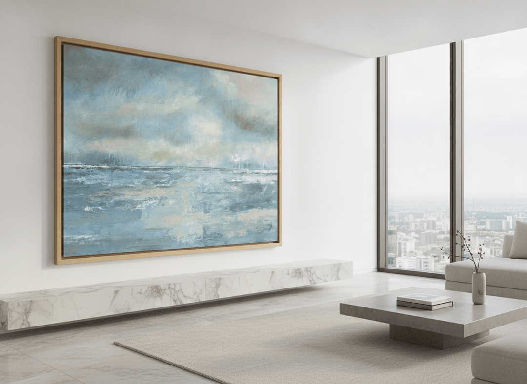 Monumental artwork centred on a feature wall in a luxe interior