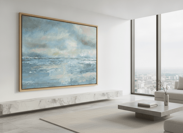 Monumental artwork centred on a feature wall in a luxe interior