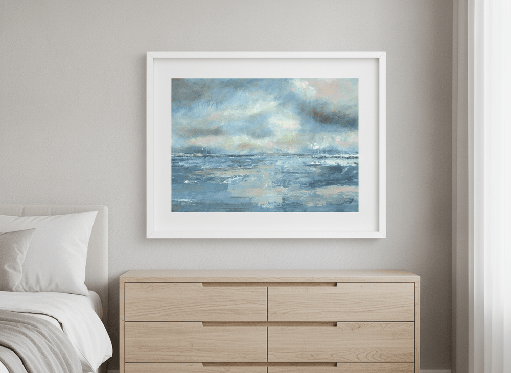 Minimalist artwork displayed in a calm, light-filled bedroom interior