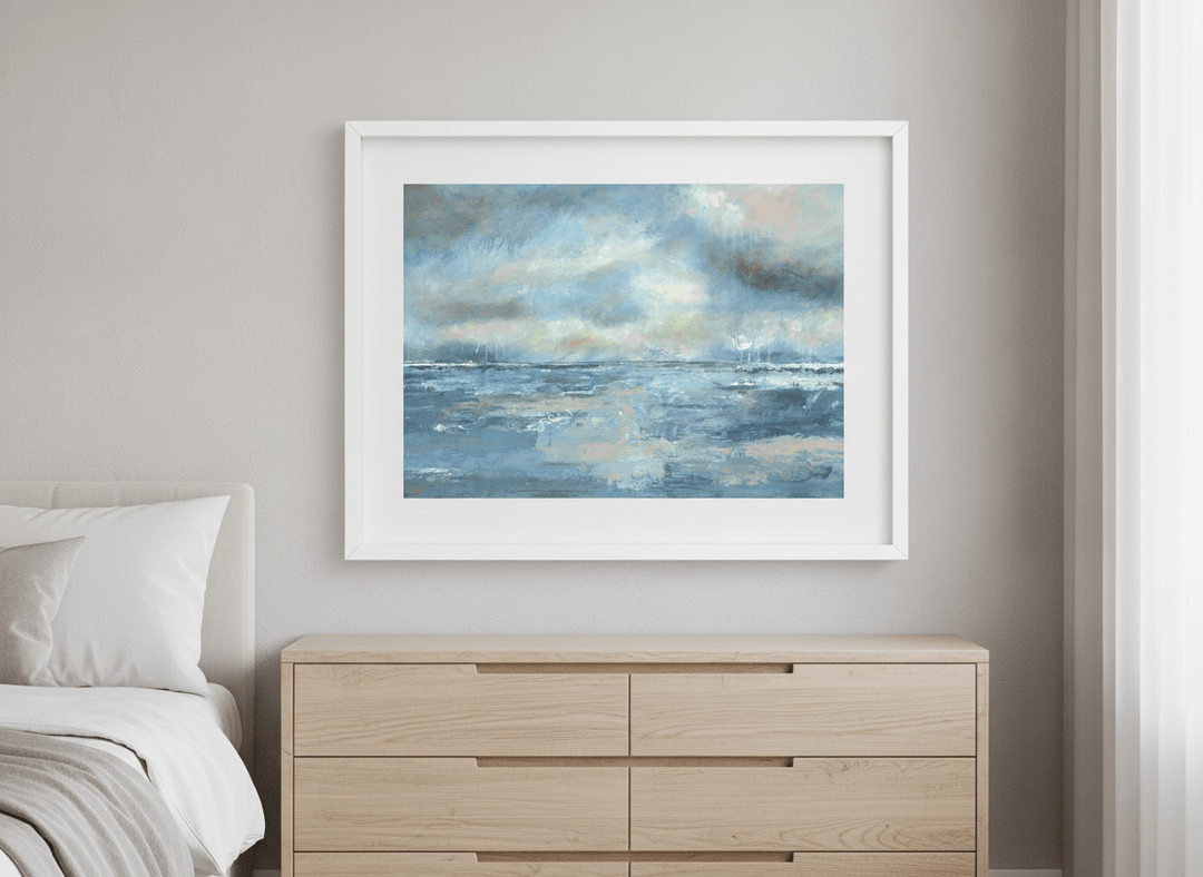 Minimalist artwork displayed in a calm, light-filled bedroom interior