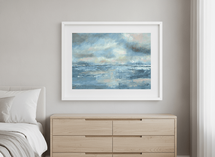 Minimalist artwork displayed in a calm, light-filled bedroom interior