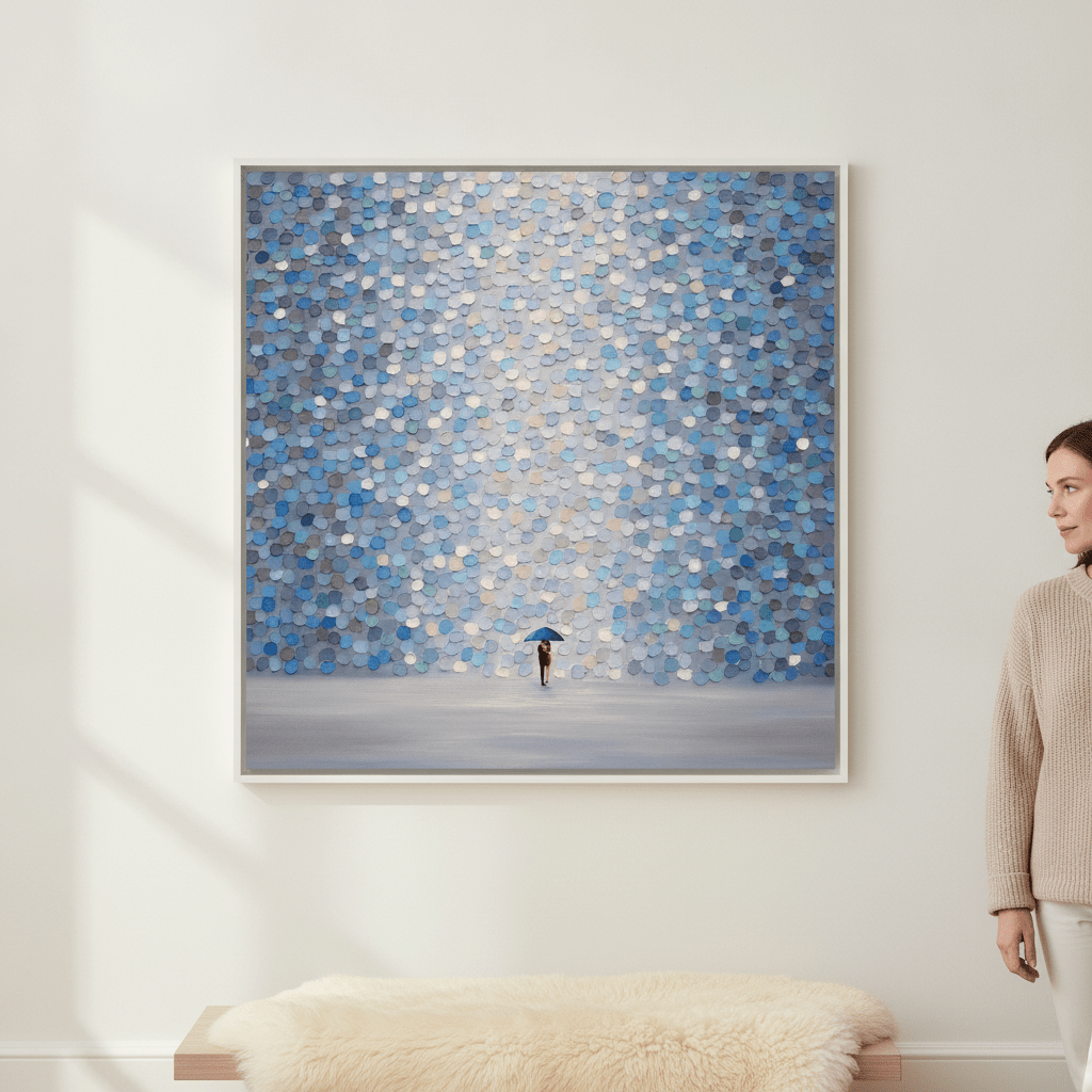 Person holding canvas wall art with a white surround in a bright Scandinavian living room