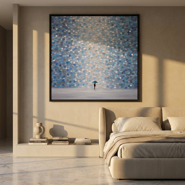 Oversized statement canvas wall art with a black surround styled on the wall in a luxe bedroom