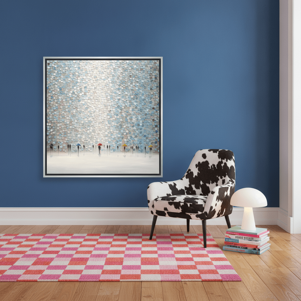 Canvas wall art with a silver leaf surround leaning against the wall in a colourful eclectic bedroom