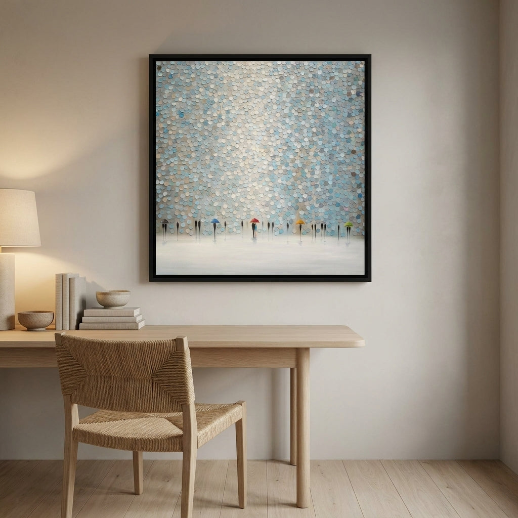 Canvas wall art with a black surround styled on the wall in a warm Japandi home office