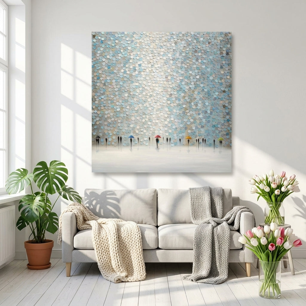 Stretched canvas wall art styled on the wall in a bright Scandinavian living room