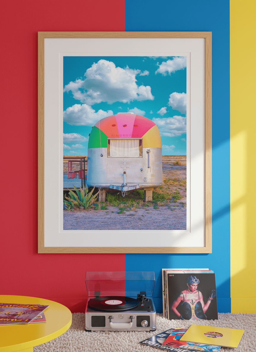 Bold wall art styled in a colourful, eclectic modern home