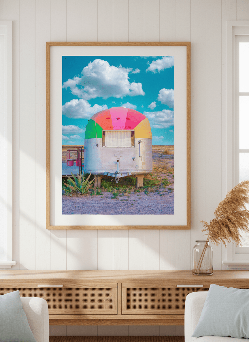 Neutral wall art displayed in a sunny coastal beach house