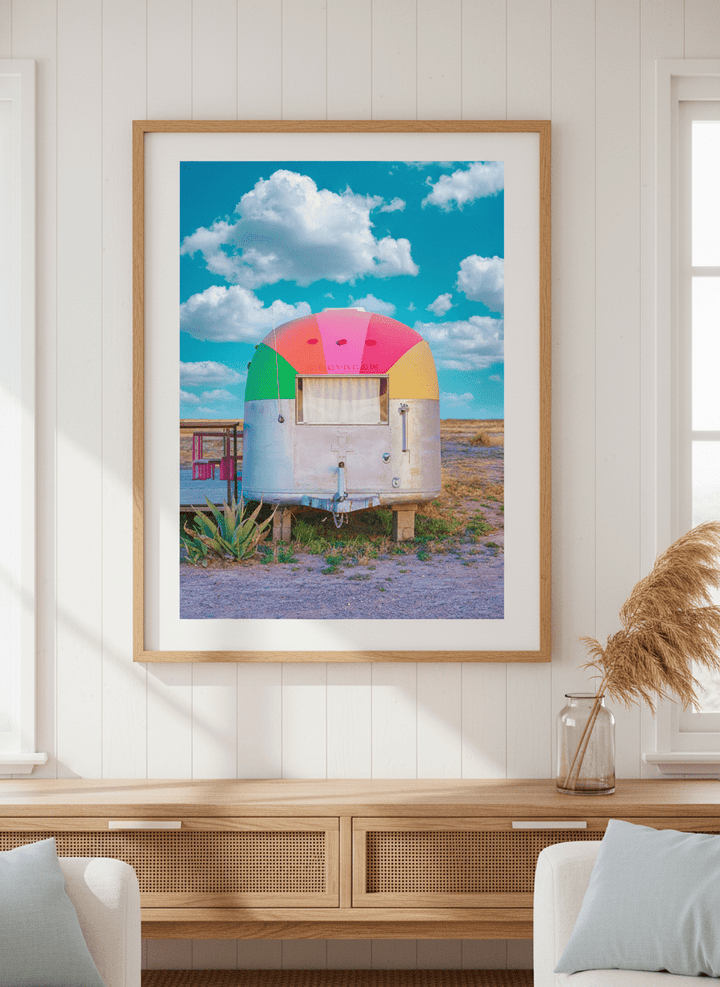 Neutral wall art displayed in a sunny coastal beach house