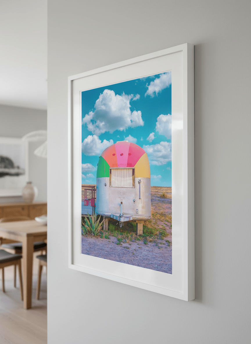 Wall art styled above a dining table in a contemporary home