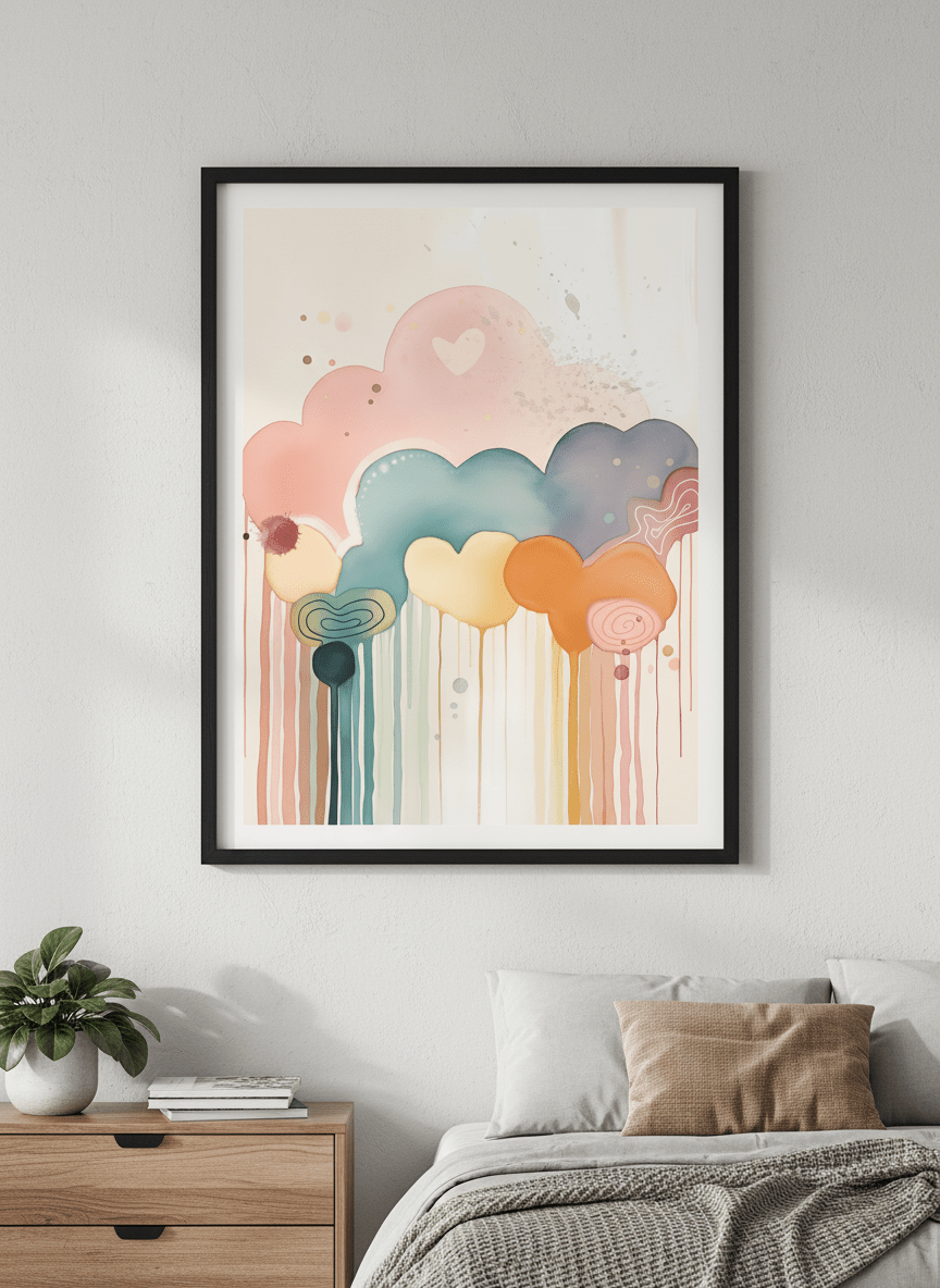 Minimalist artwork displayed in a calm, light-filled bedroom interior