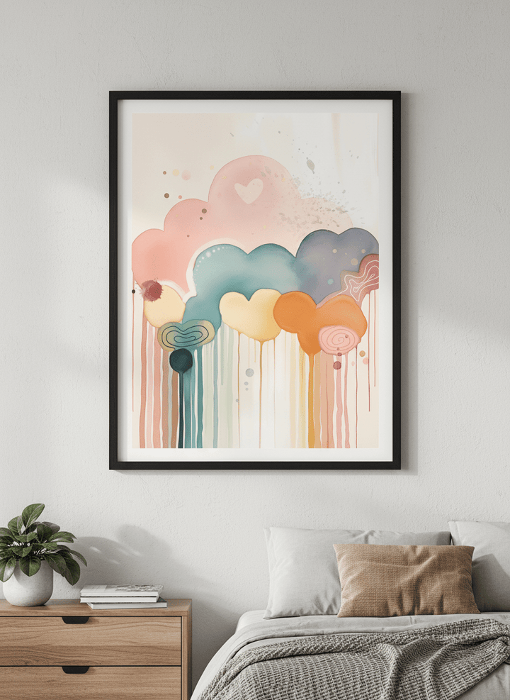 Minimalist artwork displayed in a calm, light-filled bedroom interior