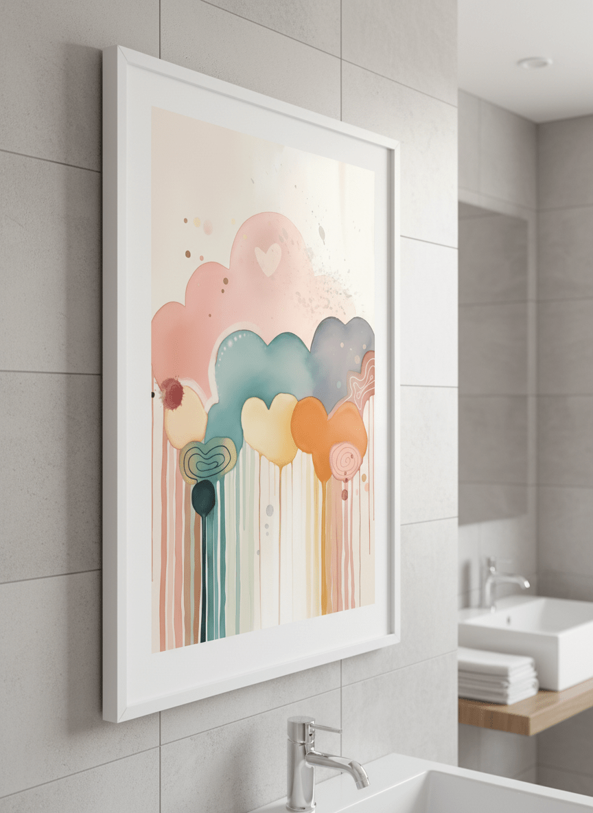 Modern print displayed in a clean minimalist bathroom setting