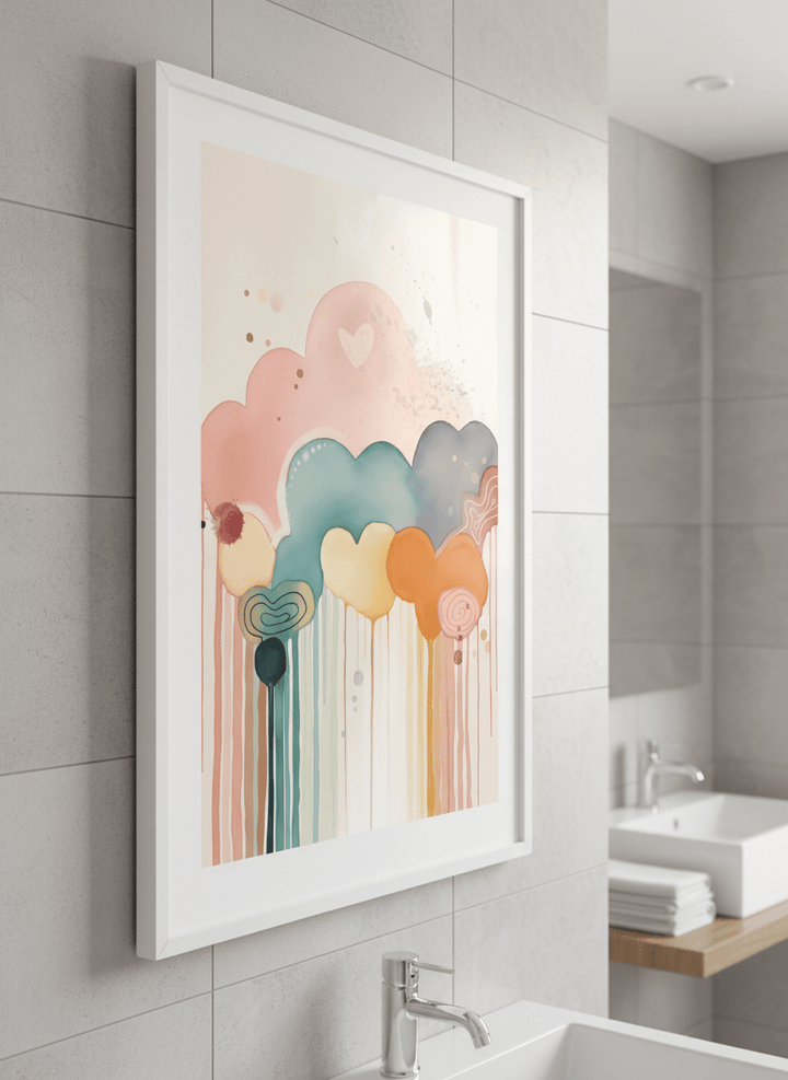 Modern print displayed in a clean minimalist bathroom setting