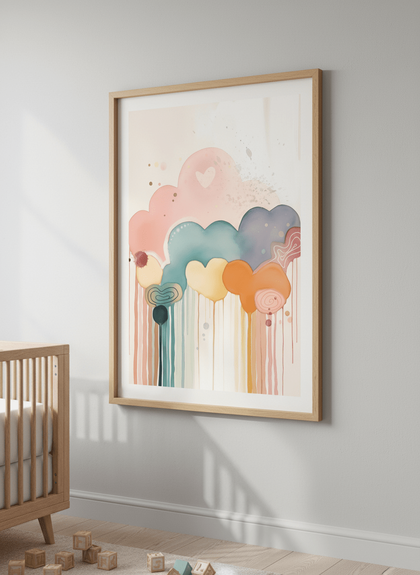 Soft neutral wall art styled in a serene nursery with pastel tones
