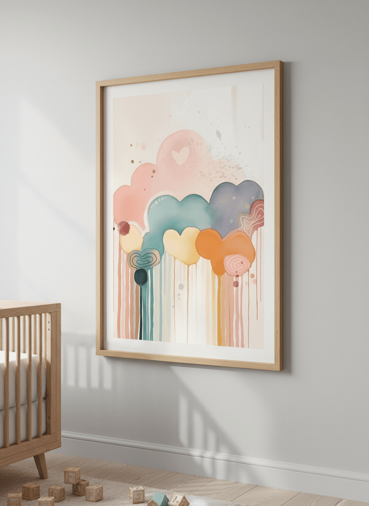 Soft neutral wall art styled in a serene nursery with pastel tones