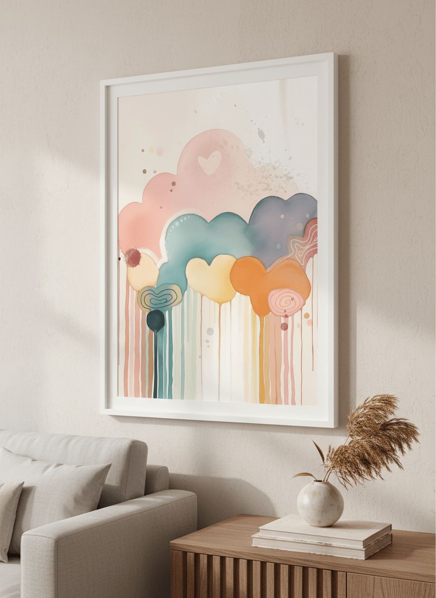 Modern wall art styled above a sofa in a neutral living room