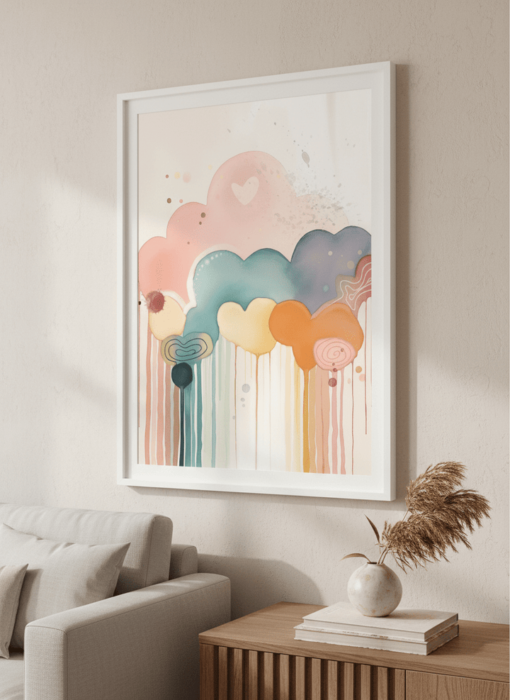 Modern wall art styled above a sofa in a neutral living room