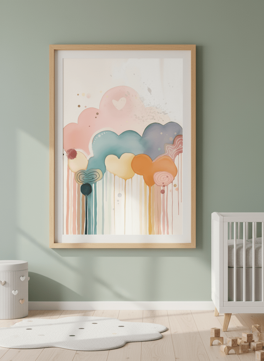 Soft neutral wall art styled in a serene nursery with pastel tones