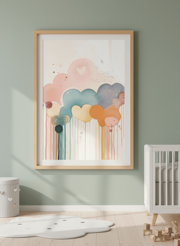 Soft neutral wall art styled in a serene nursery with pastel tones