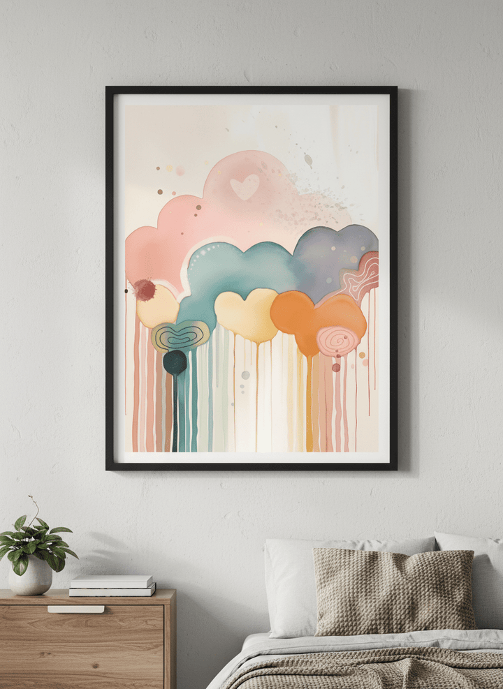 Minimalist artwork displayed in a calm, light-filled bedroom interior