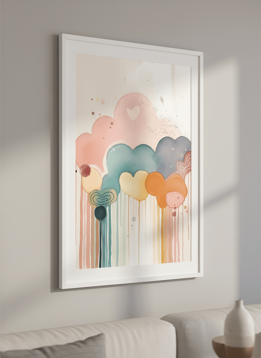 Modern wall art styled above a sofa in a neutral living room