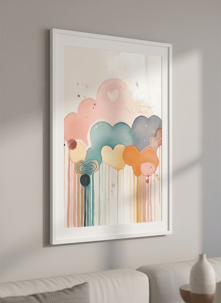 Modern wall art styled above a sofa in a neutral living room