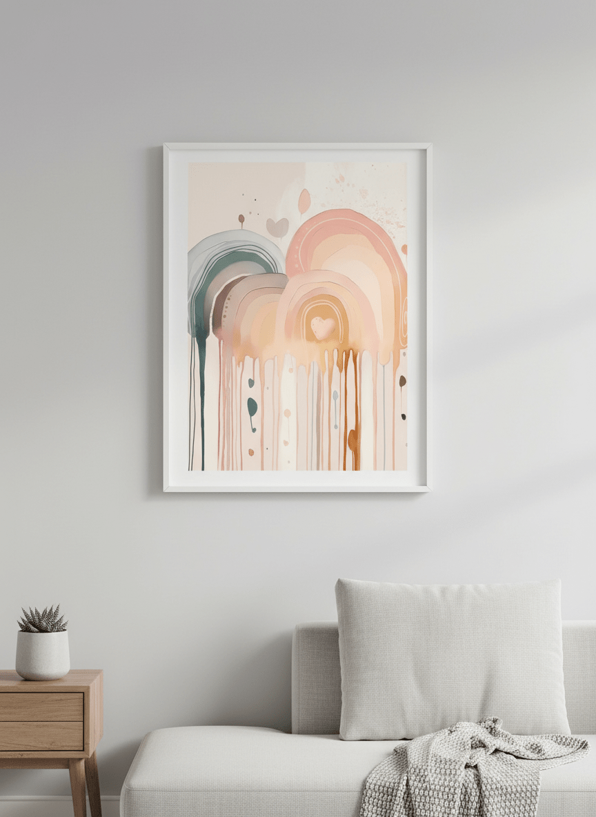 Modern wall art styled above a sofa in a neutral living room