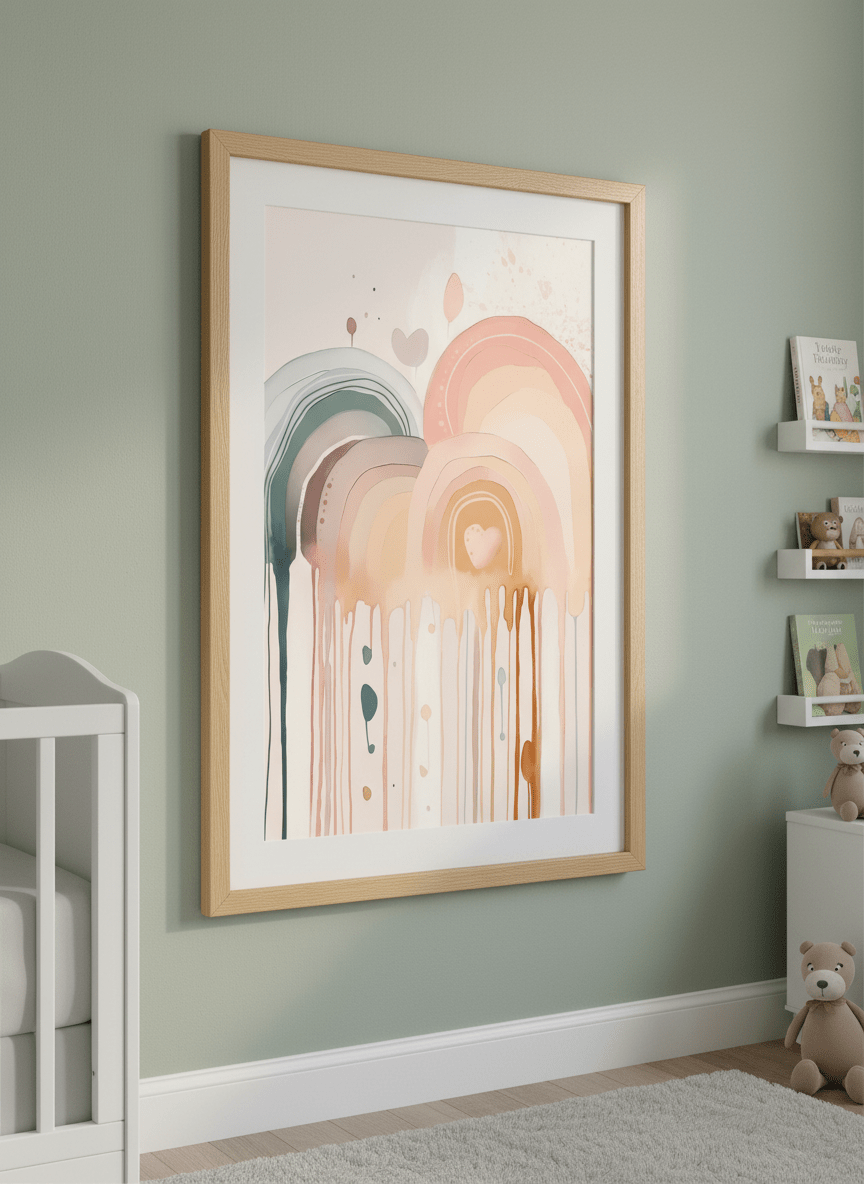 Soft neutral wall art styled in a serene nursery with pastel tones