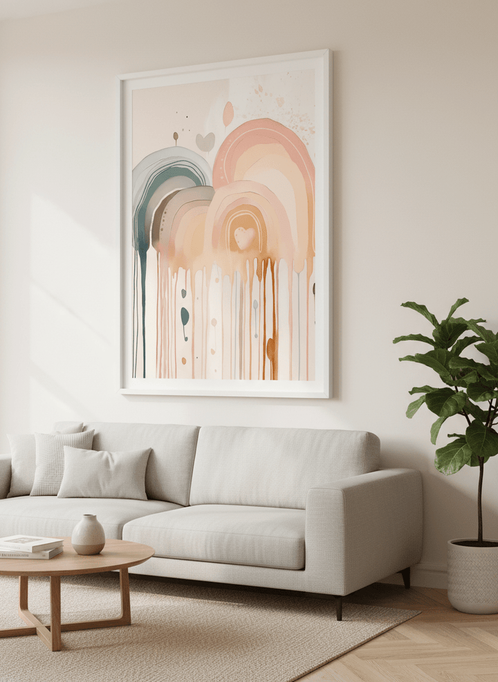 Modern wall art styled above a sofa in a neutral living room