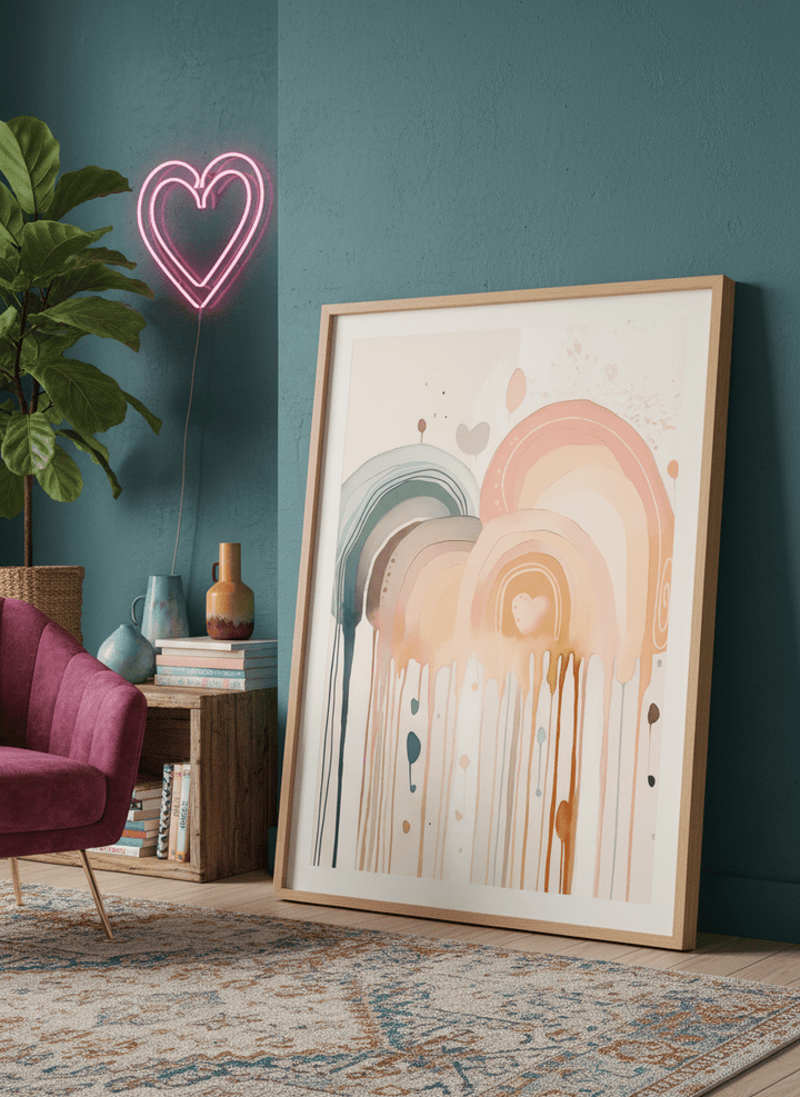 Bold wall art styled in a colourful, eclectic modern home