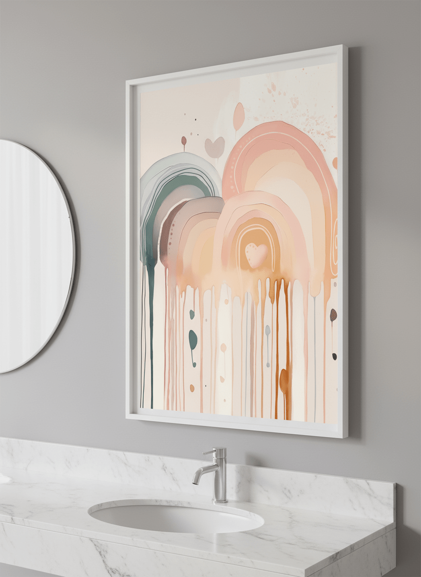 Modern print displayed in a clean minimalist bathroom setting