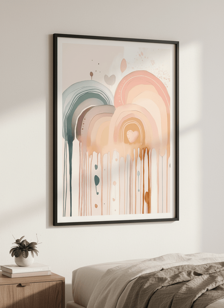 Minimalist artwork displayed in a calm, light-filled bedroom interior