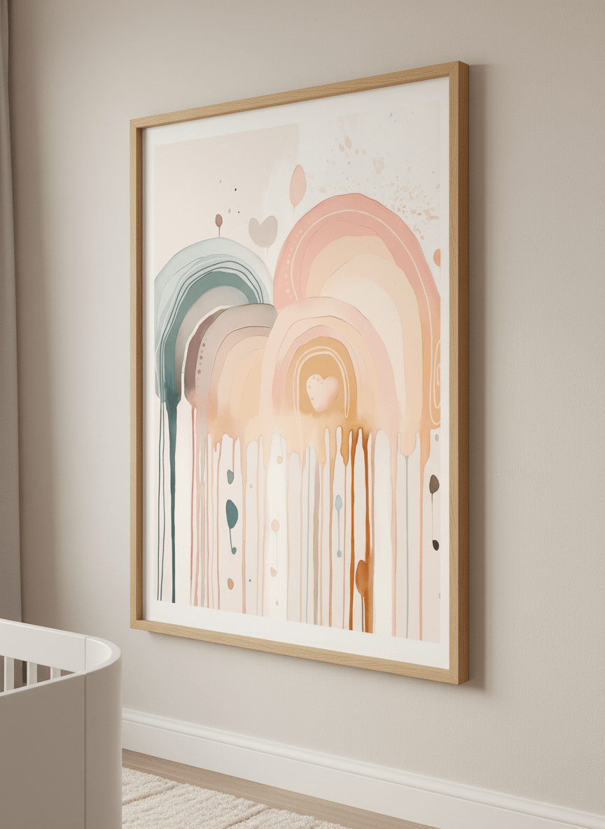 Soft neutral wall art styled in a serene nursery with pastel tones