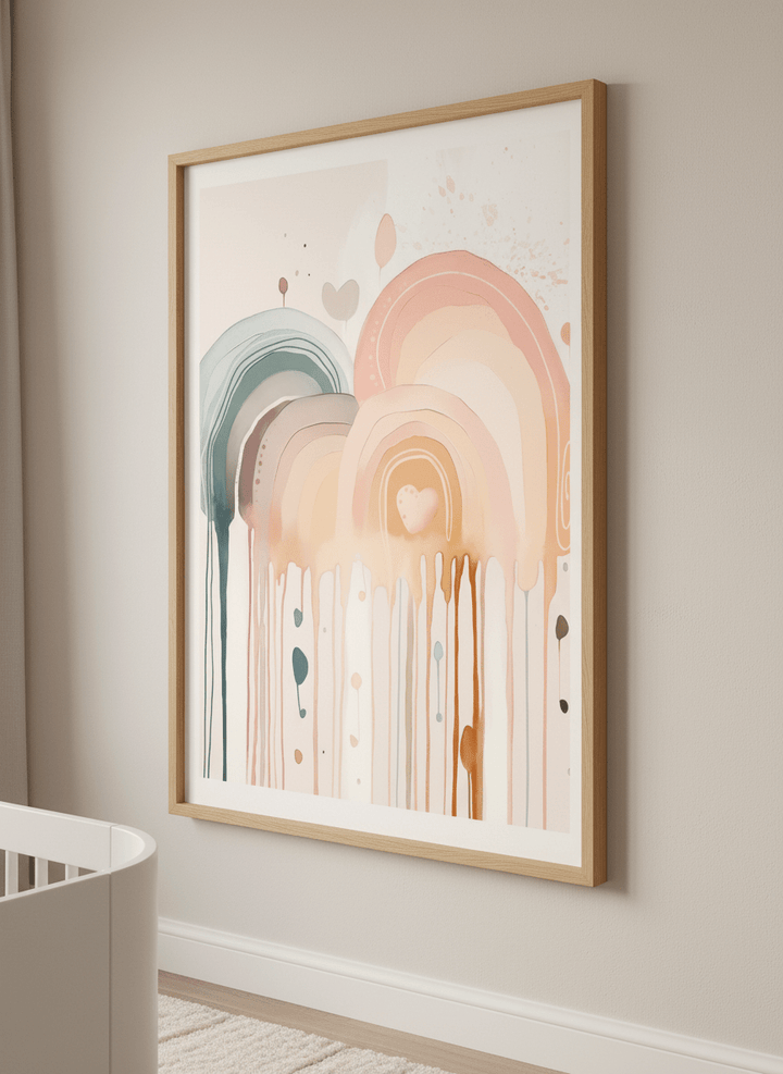 Soft neutral wall art styled in a serene nursery with pastel tones
