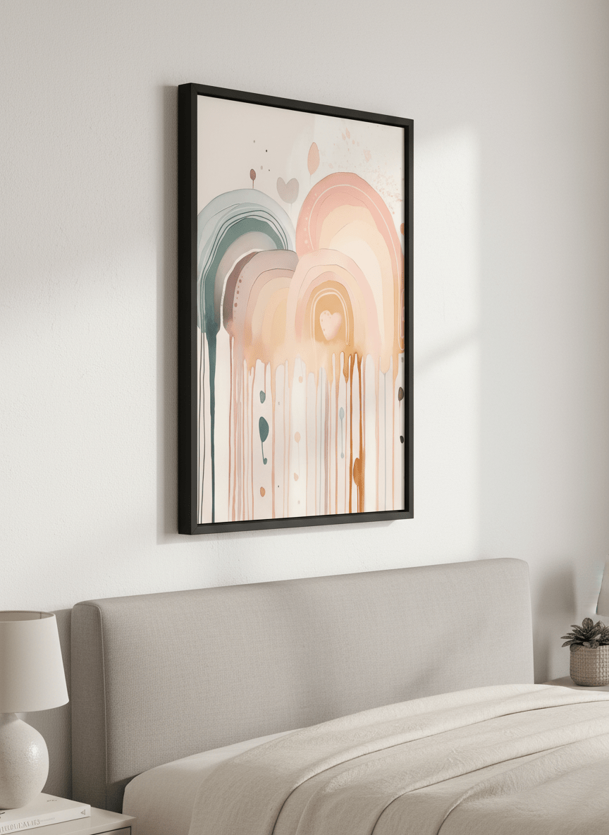 Minimalist artwork displayed in a calm, light-filled bedroom interior