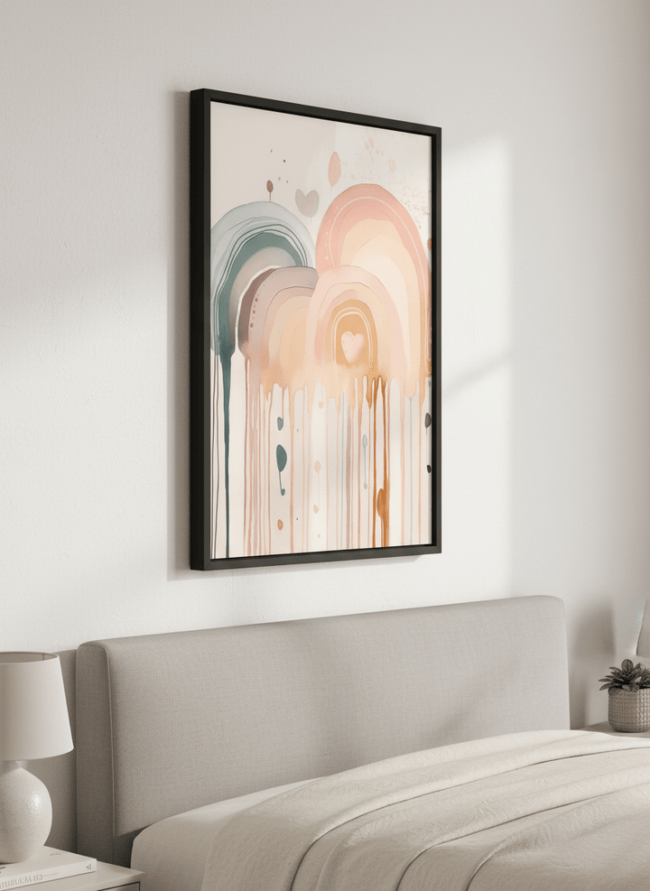 Minimalist artwork displayed in a calm, light-filled bedroom interior