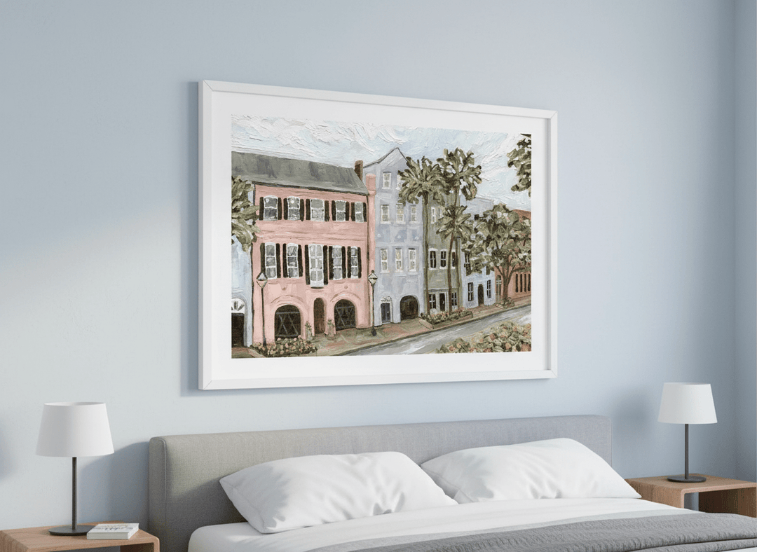 Minimalist artwork displayed in a calm, light-filled bedroom interior