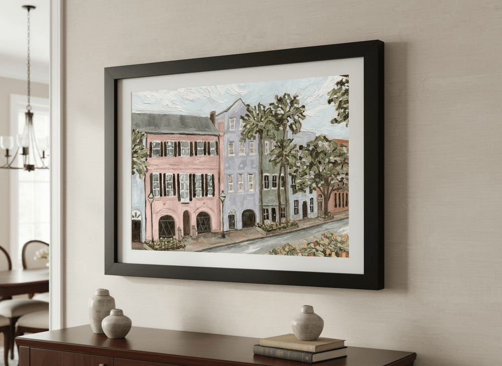 Wall art styled above a dining table in a contemporary home