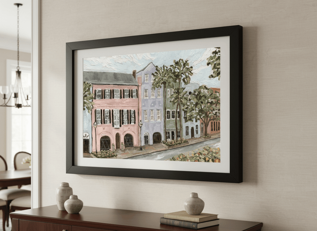 Wall art styled above a dining table in a contemporary home
