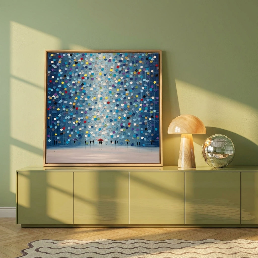 Canvas wall art with a natural timber surround standing on a sideboard in a colourful eclectic home office