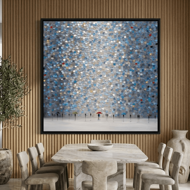 Oversized statement canvas wall art with a black surround styled on the wall in a luxe dining room