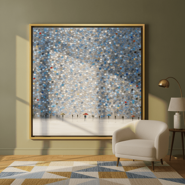 Oversized statement canvas wall art with a gold leaf surround leaning against the wall in a mid-century dining room